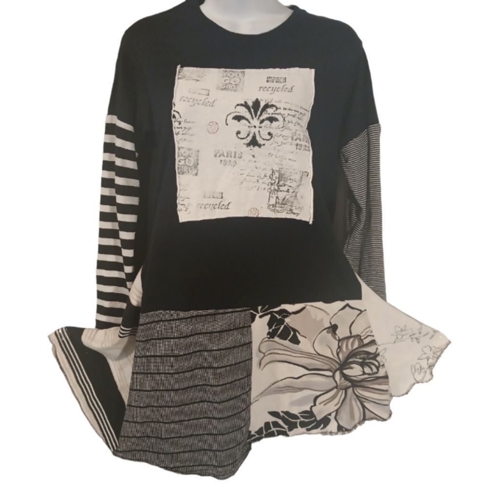 Super Recycled Upcycled Patchwork Black/White/Tan… - image 3